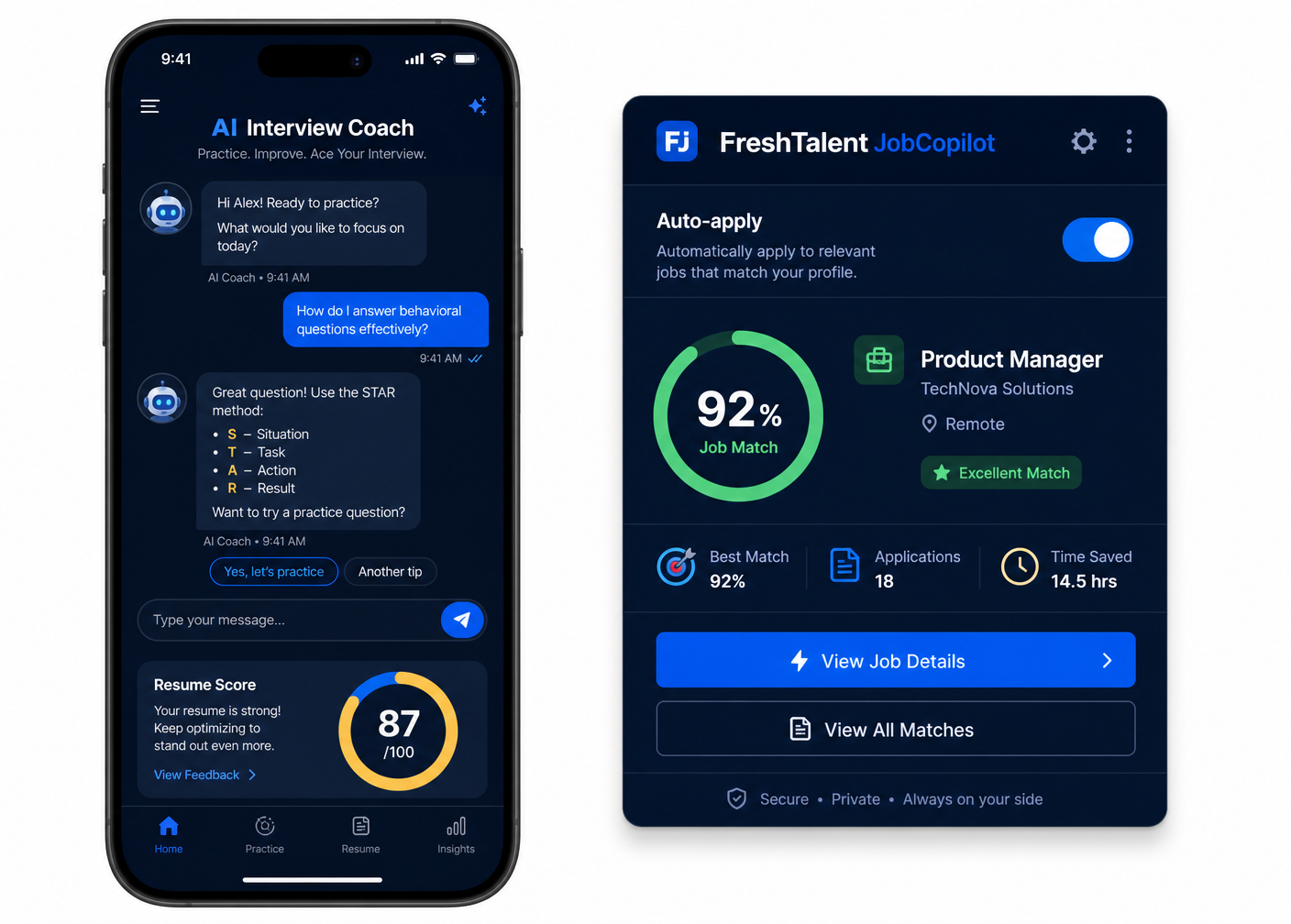 FreshTalent JobCopilot mobile AI interview coach and Chrome extension showing auto-apply and a 92% job match score