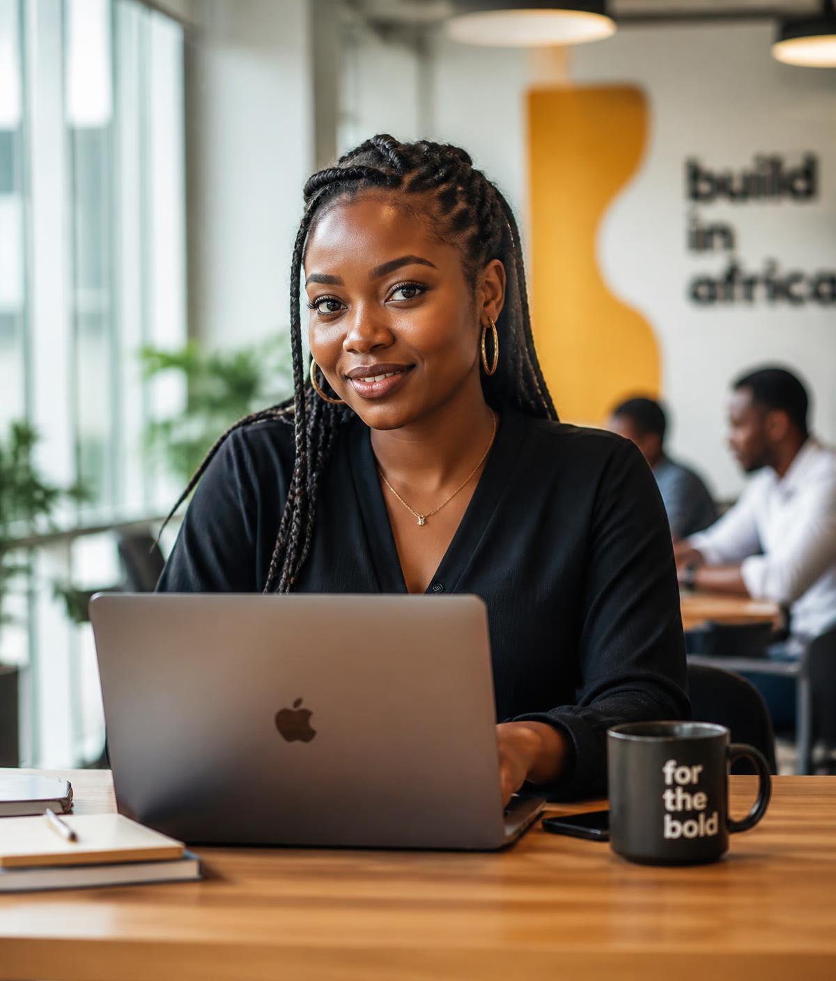 Software professional in Lagos applying to global remote roles on her laptop