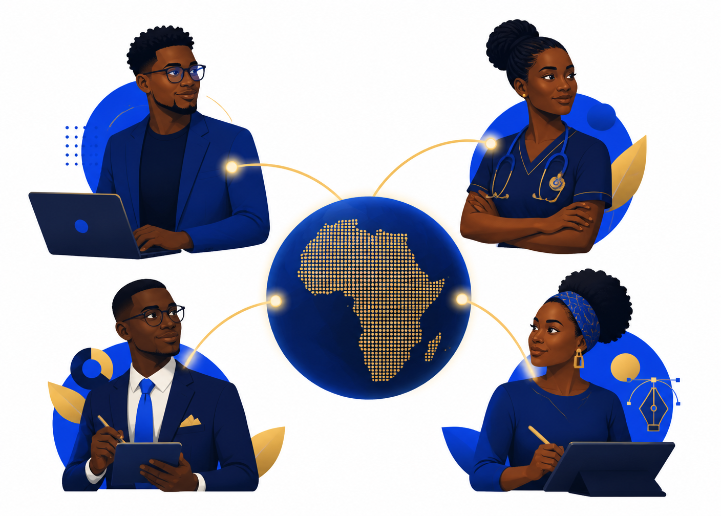 Illustration of African professionals across industries connected to global employers